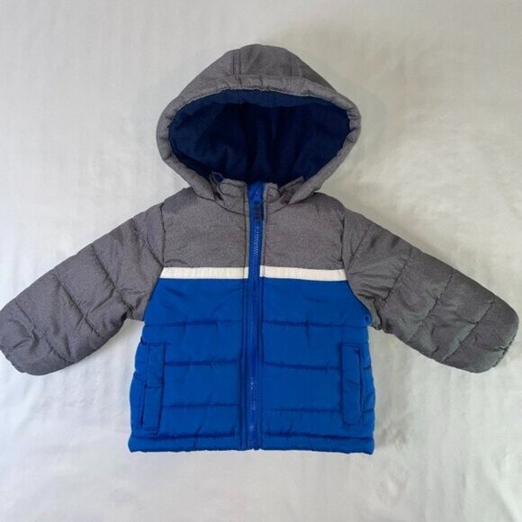 Carter's Boys Size 2T Puffer Jacket Hooded Fleece Lined Blue Gray - Picture 1 of 7